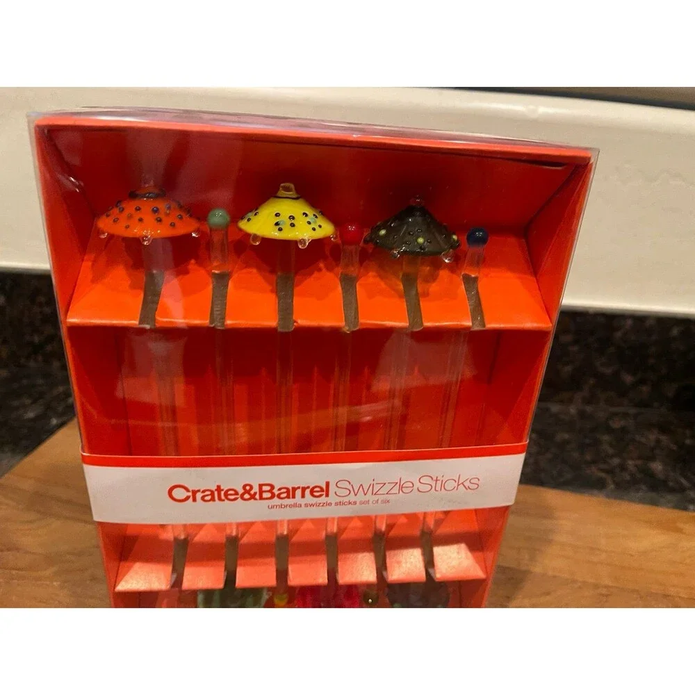 New! Crate & Barrel - umbrella - Glass Swizzle Sticks